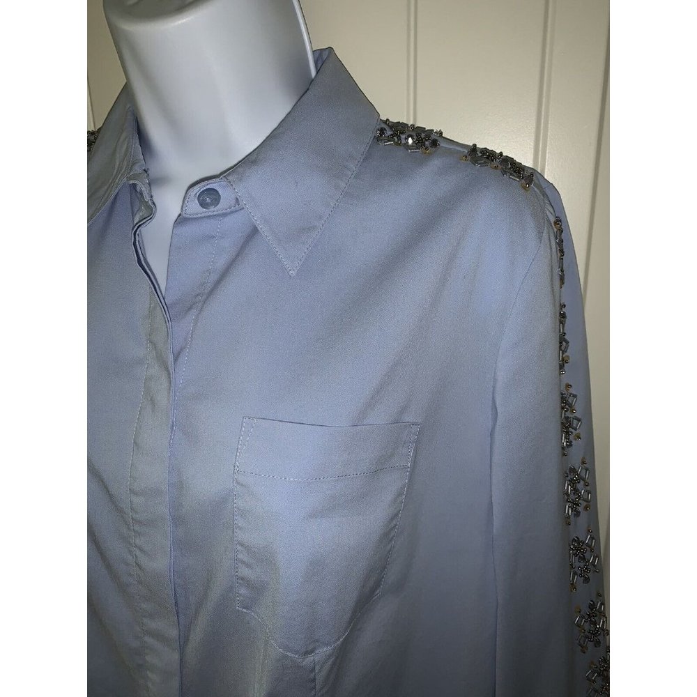 Chicos Button Down Beaded Sleeve Blouse Tunic Top Sz 0 (SMALL) Blue Stretch EUC